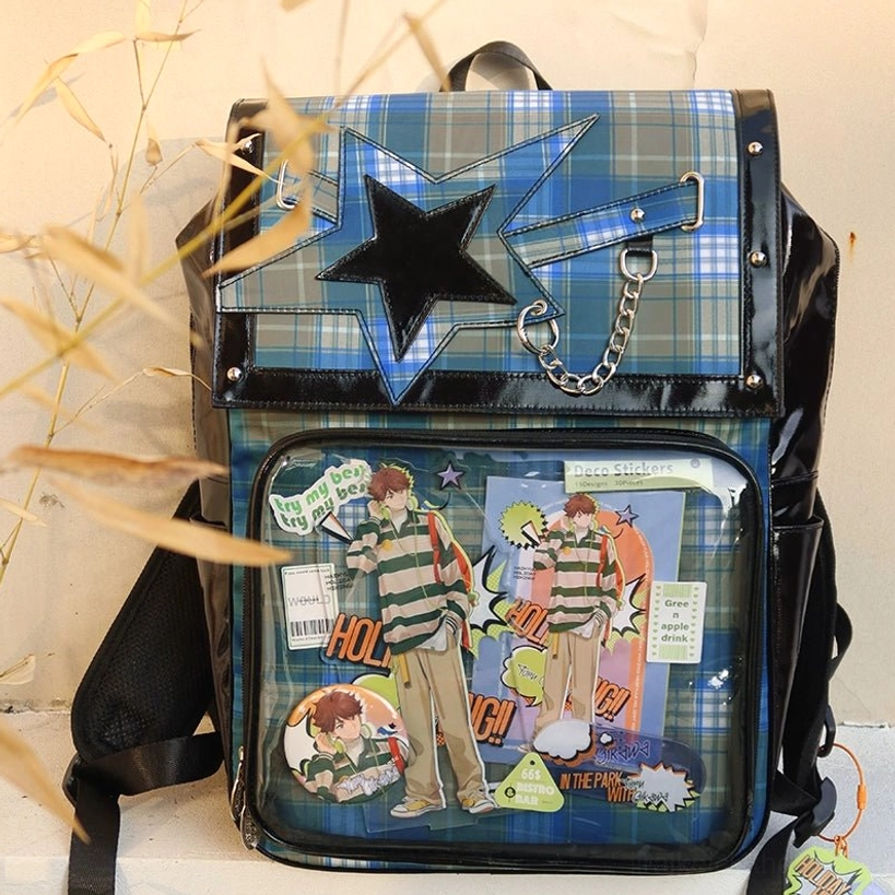 Blue-green plaid star ita backpack worn by model displaying subculture fashion and badge showcase