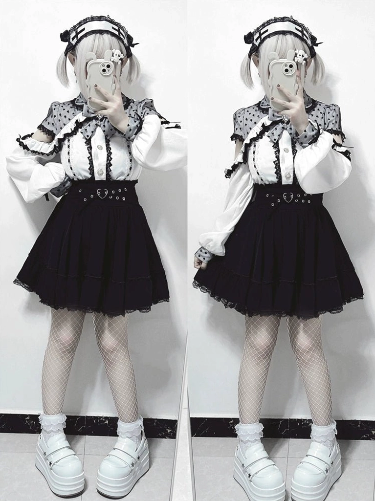 Blue jirai kei blouse off-shoulder with white lace trim styled as approachable subculture piece