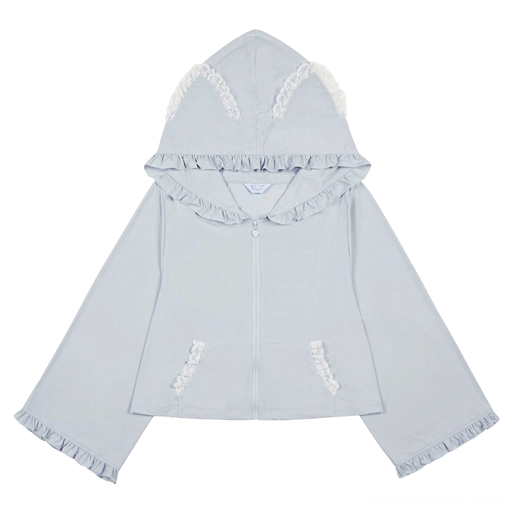 Blue Jirai Kei cat ear hoodie jacket with ruffled details and lace trim, cool mysterious aesthetic color option