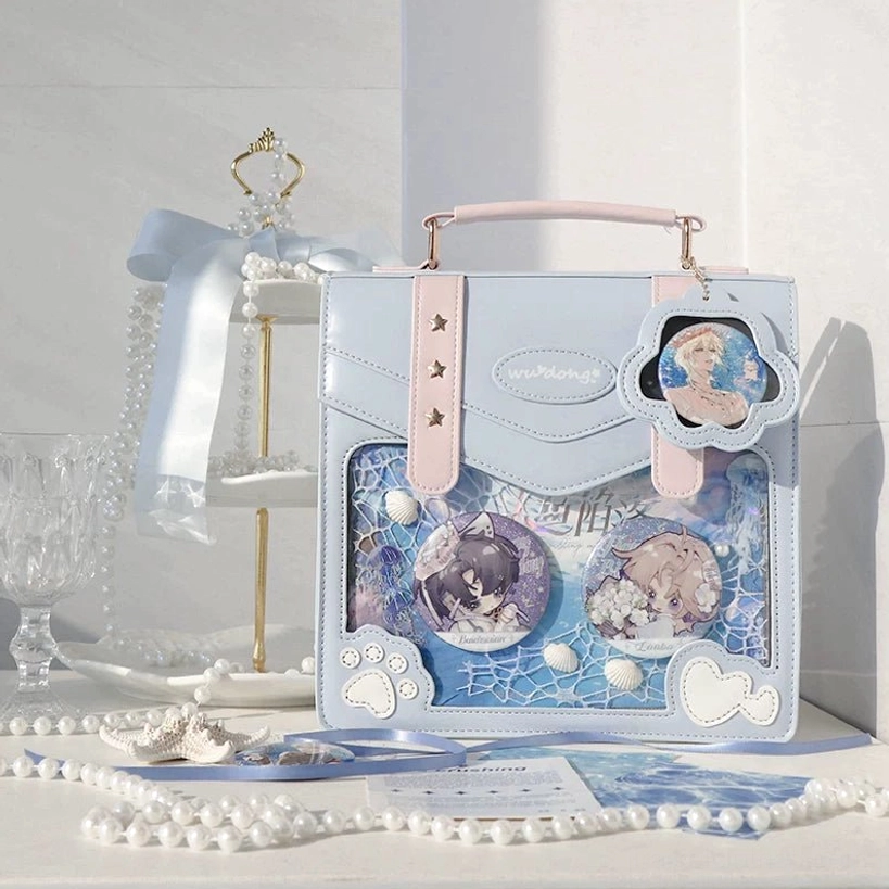 blue jirai kei cat paw ita bag soft blue color clear window backpack school style