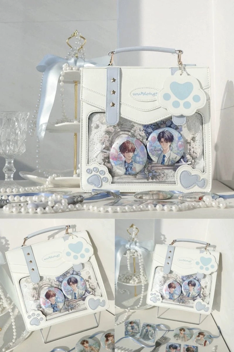 blue jirai kei ita bag light blue color option clear window cat paw details styling