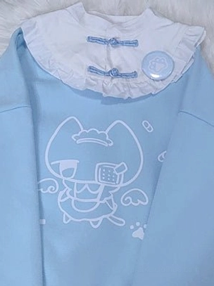 Blue long sleeve cotton cat print Jirai Kei sweatshirt with lightweight construction, removable collar feature, and versatile styling for layering