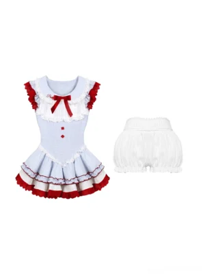 Flat lay product shot of blue plaid sweet gyaru dress and white ruffled safety shorts bloomer set on white background