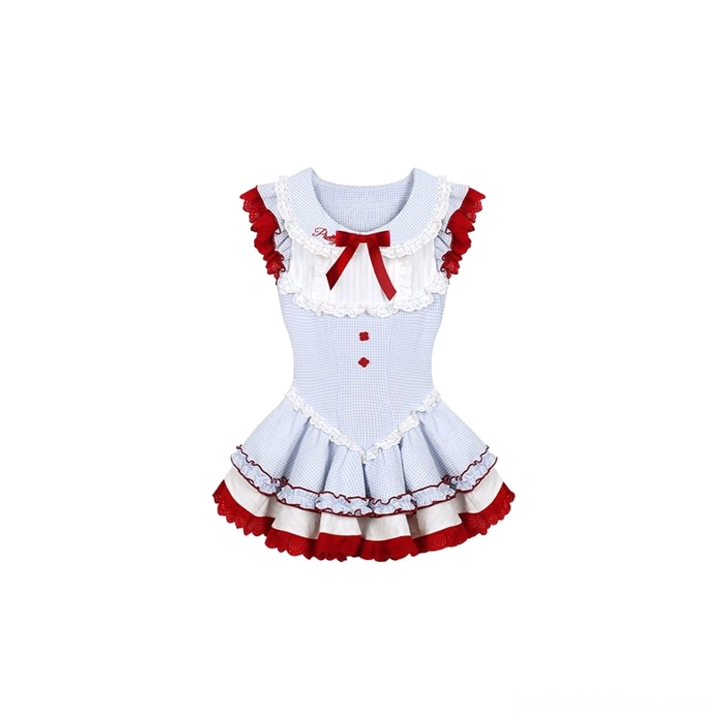 Flat lay front view of blue plaid sweet gyaru dress with light blue fabric red ruffled sleeves red bow heart buttons