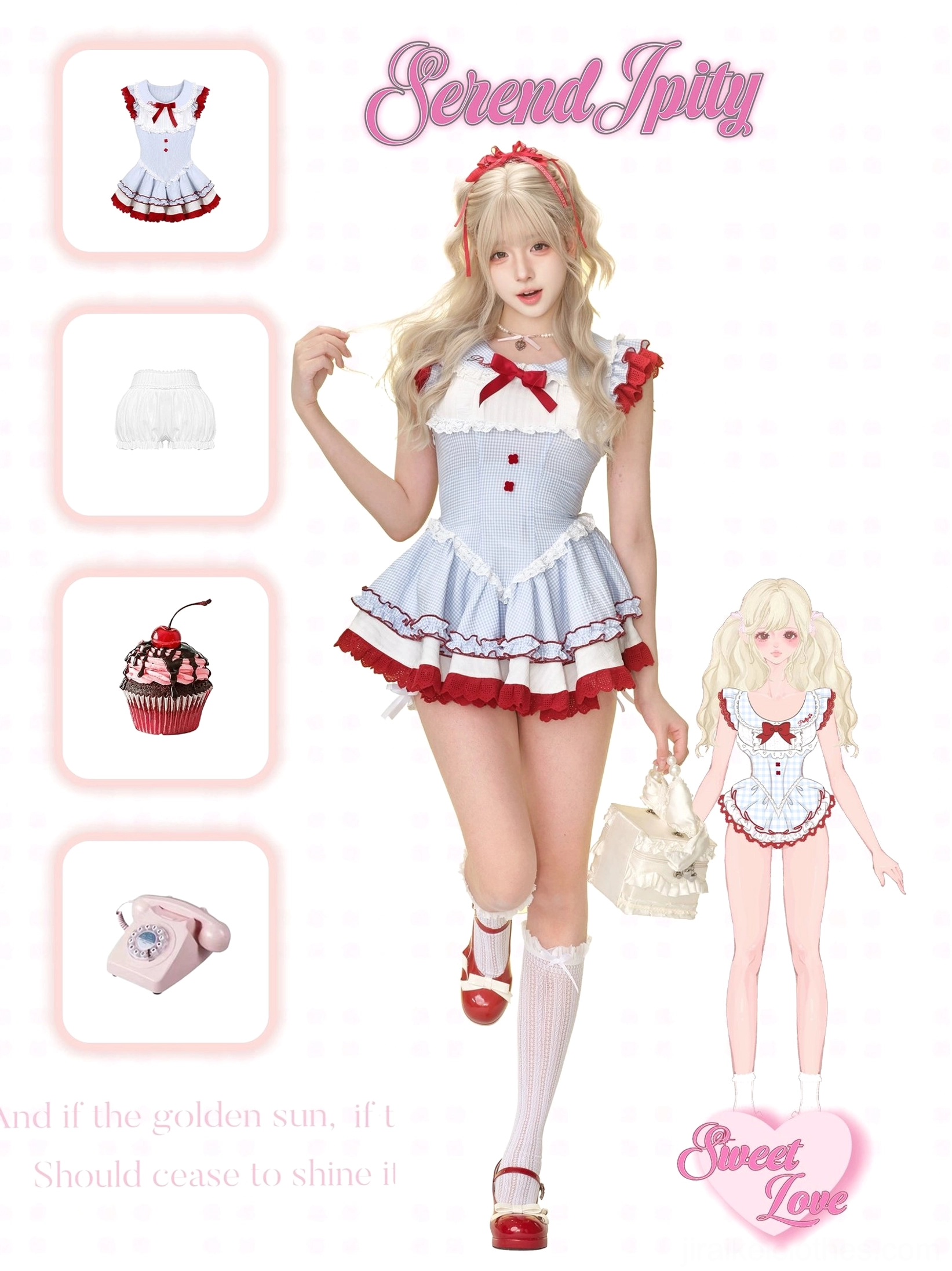Jirai Kei sweet gyaru dress with matching ruffled details white knee-high socks and hair bow accessory promotional shot