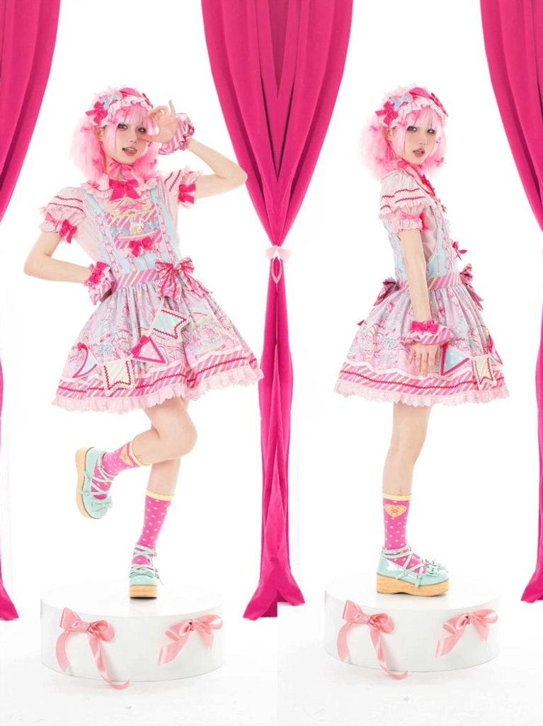 Dual full body showcase of blue salopette Jirai Kei dress with white stockings flower hair clips and ruffled skirt edges