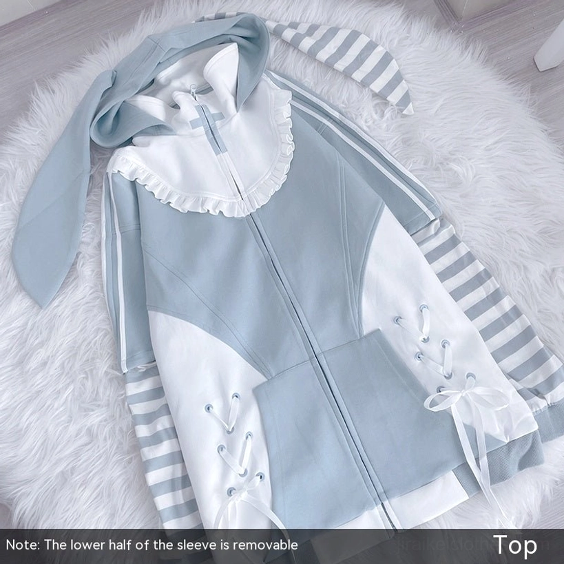 Blue Tenshi Kaiwai hoodie standalone front view featuring detachable striped sleeves bunny ear hood and architectural silhouette