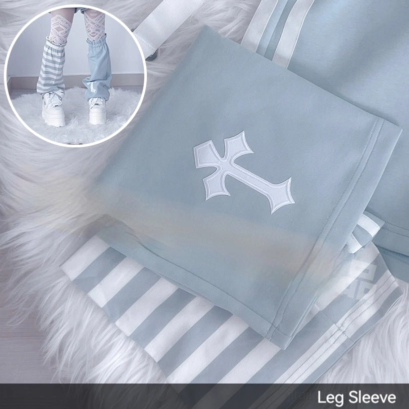 Blue Tenshi Kaiwai leg warmers pair close-up showing striped pattern detail and coordinating color matching with hoodie