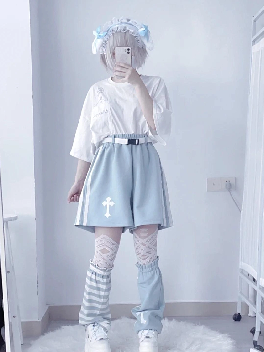 Blue Tenshi Kaiwai matching shorts coordinating with hoodie set showcasing complete outfit styling potential