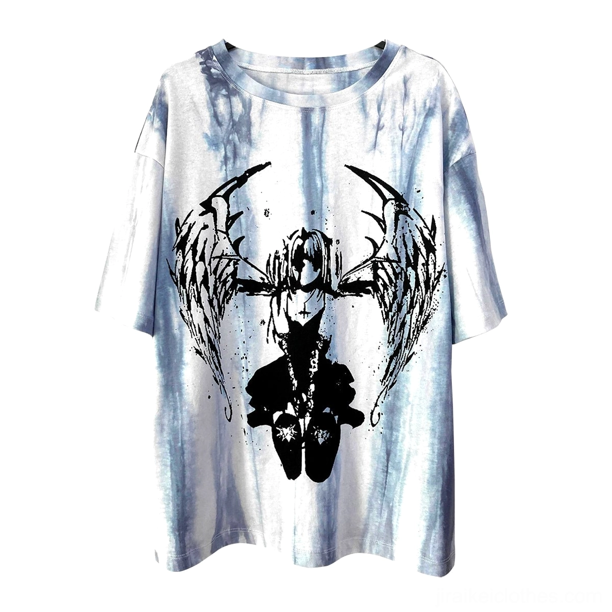 Blue tie-dye celestial angel wings gothic jirai kei unisex oversized t-shirt flat lay showing unique hand-dyed color variation
