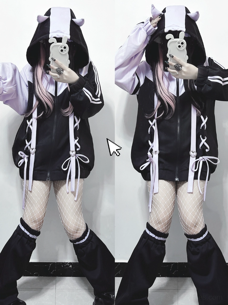 Blue-white Jirai Kei sport jacket and pants set showing color coordination, oversized silhouette, loose fit design, and subcultural styling details