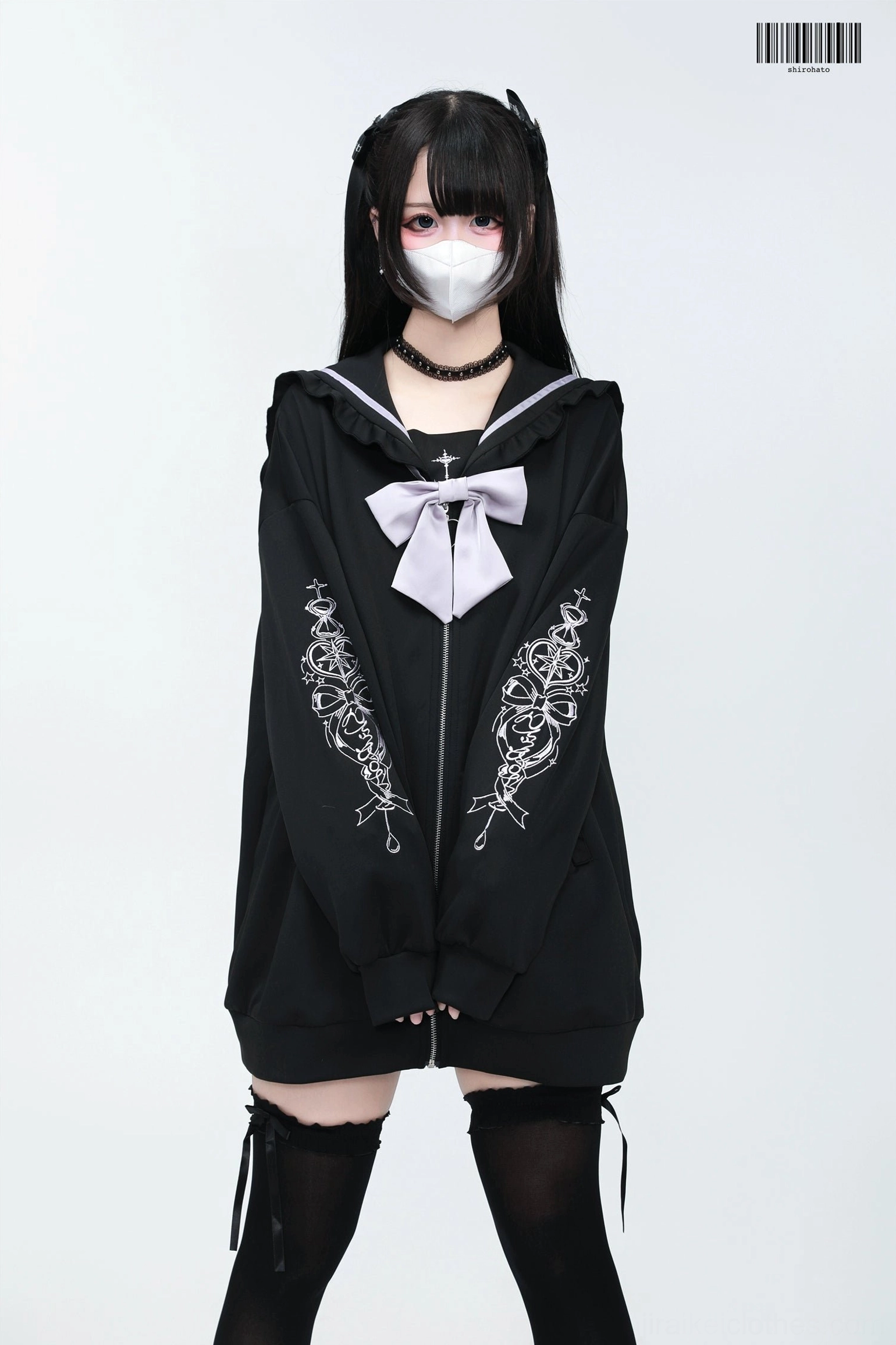 Blue-white Jirai Kei sailor collar jacket full-length model view showing silhouette and proportions