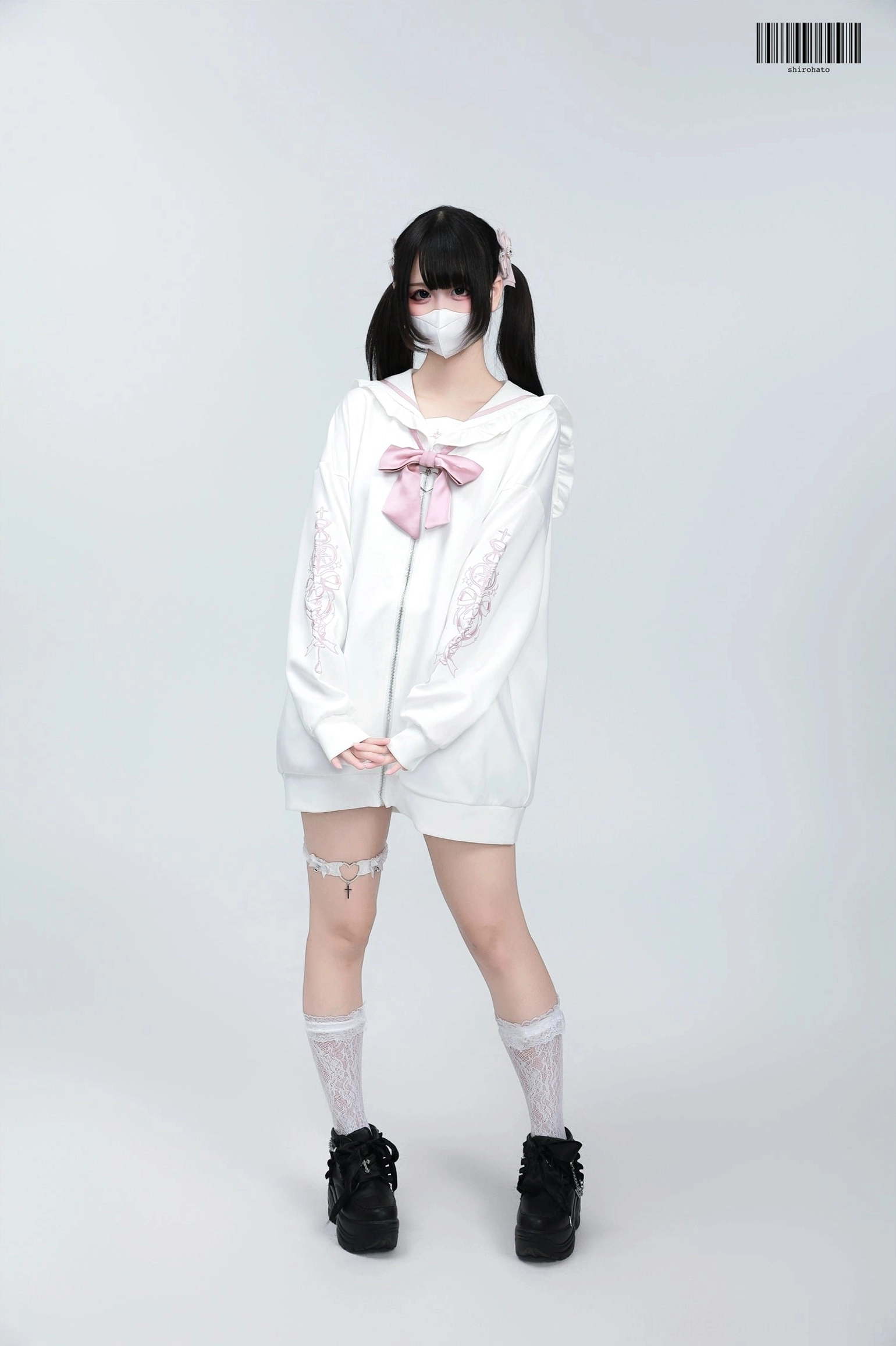 Blue-white Jirai Kei sailor collar jacket with white embroidery and bow, full front model display