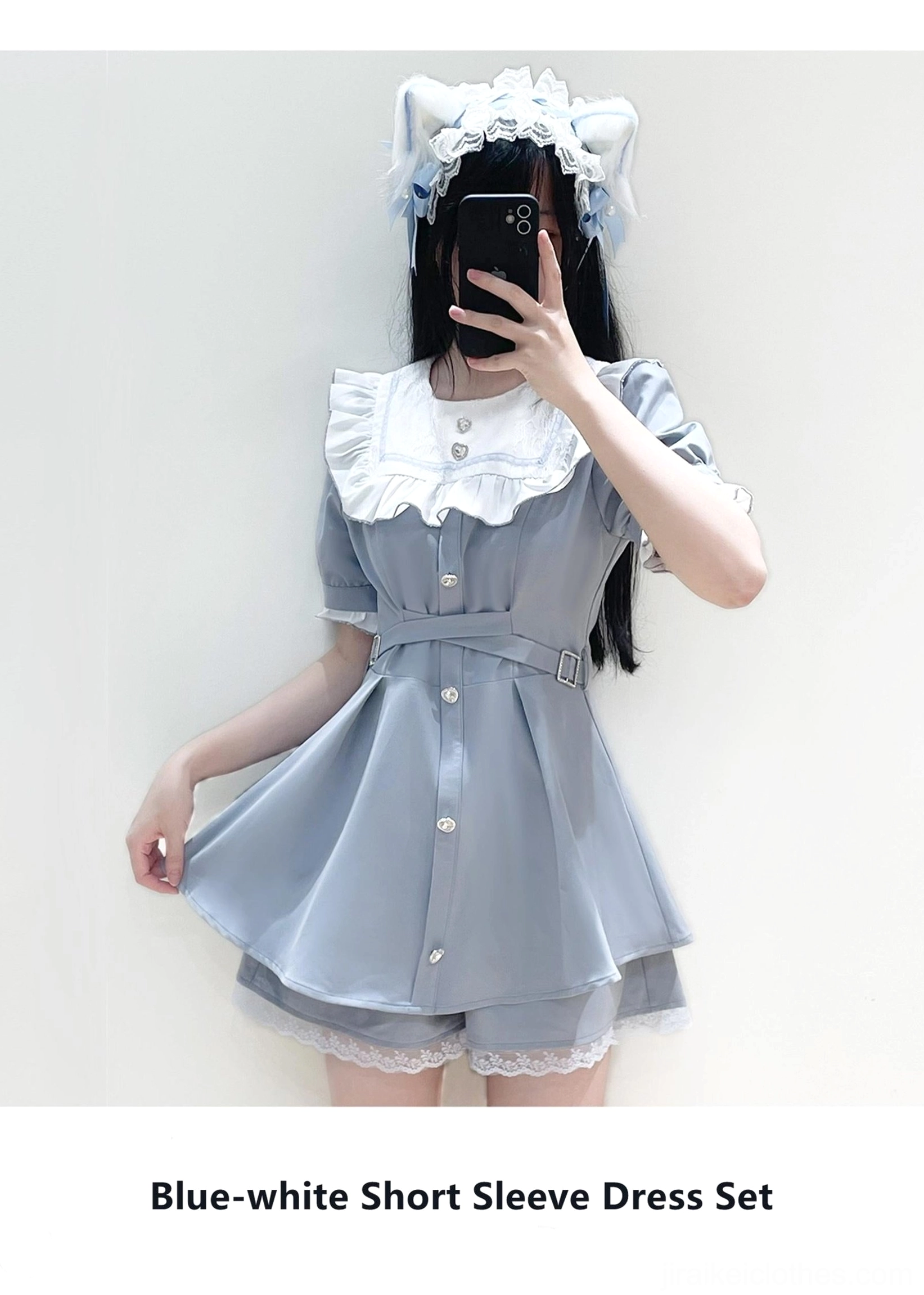 Blue white short sleeve Jirai Kei dress set mirror selfie cat ear headwear girl ruffled white collar waist belt