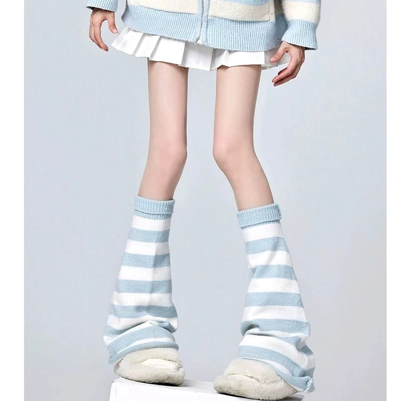 Plain light blue and white striped leg warmers without decoration paired with fuzzy platform shoes front view display