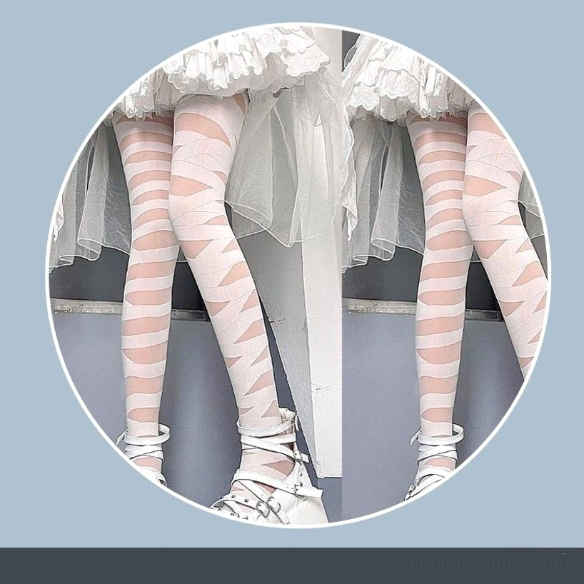 Blue and white striped Tenshi Kaiwai tie-up socks detail showing ankle wrap design and coordinating stripe pattern