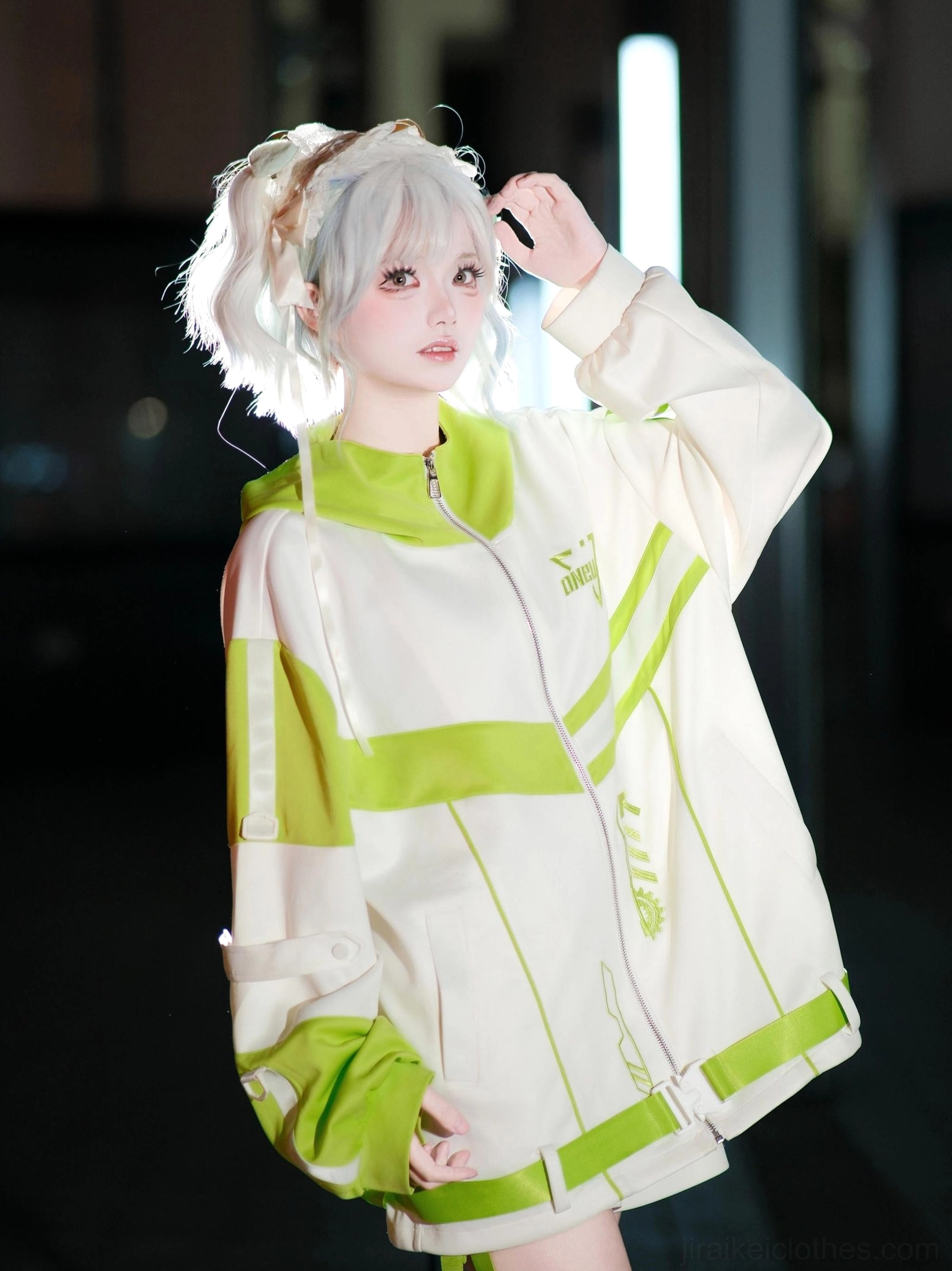Blue white Tenshi Kaiwai complete outfit - layered styling view showing proportions and fit on model