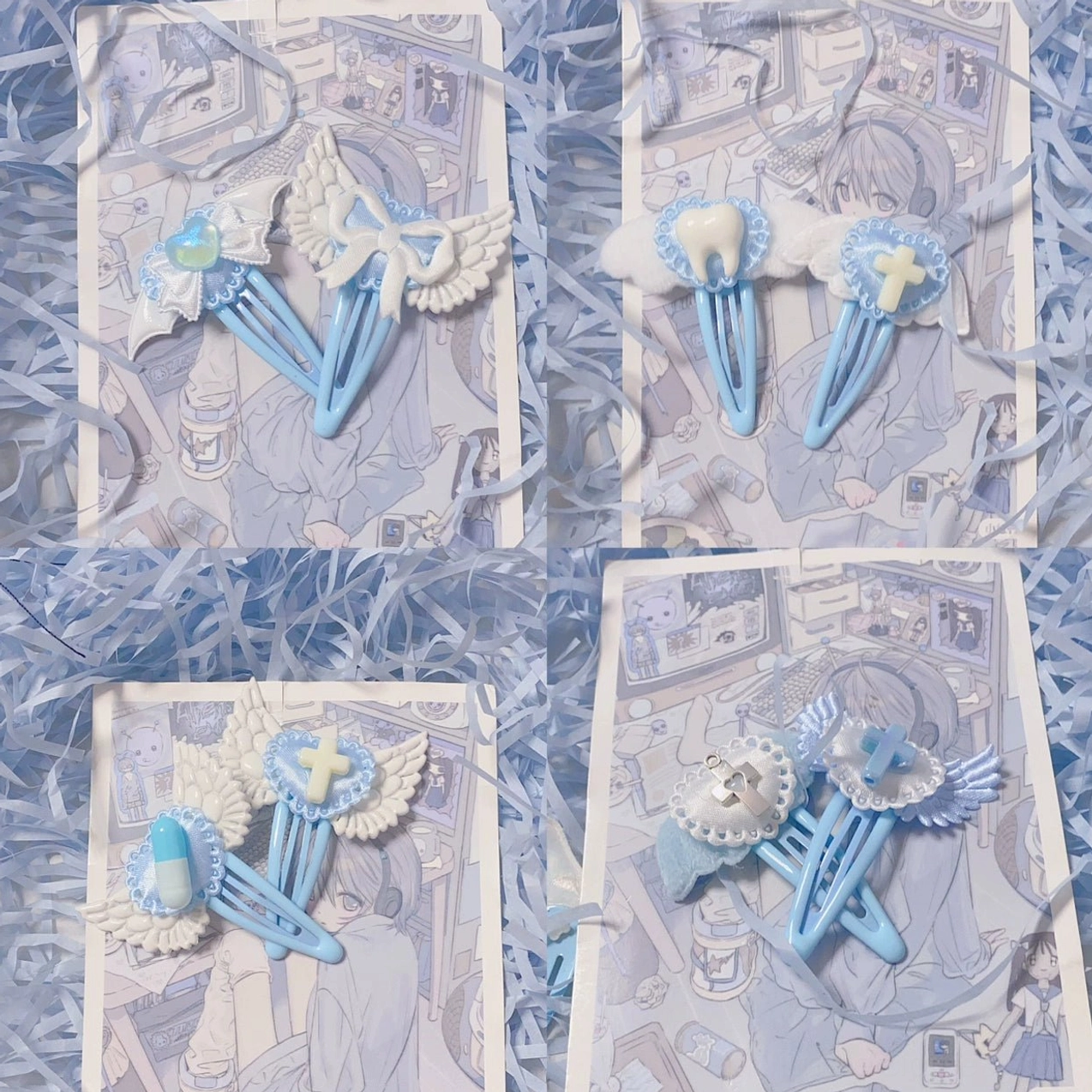 Assorted blue wing hair clips flat lay on shredded paper with anime backing cards featuring different wing pendants cross and ribbon details