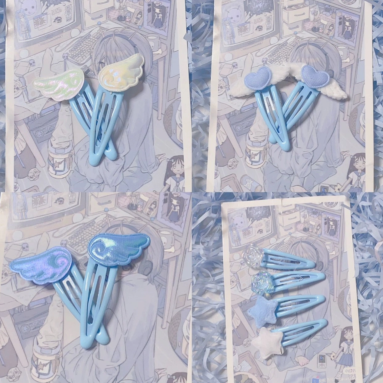 Multiple blue wing hair clip sets with anime patterned backing cards showing varied wing accents blue base clips on display