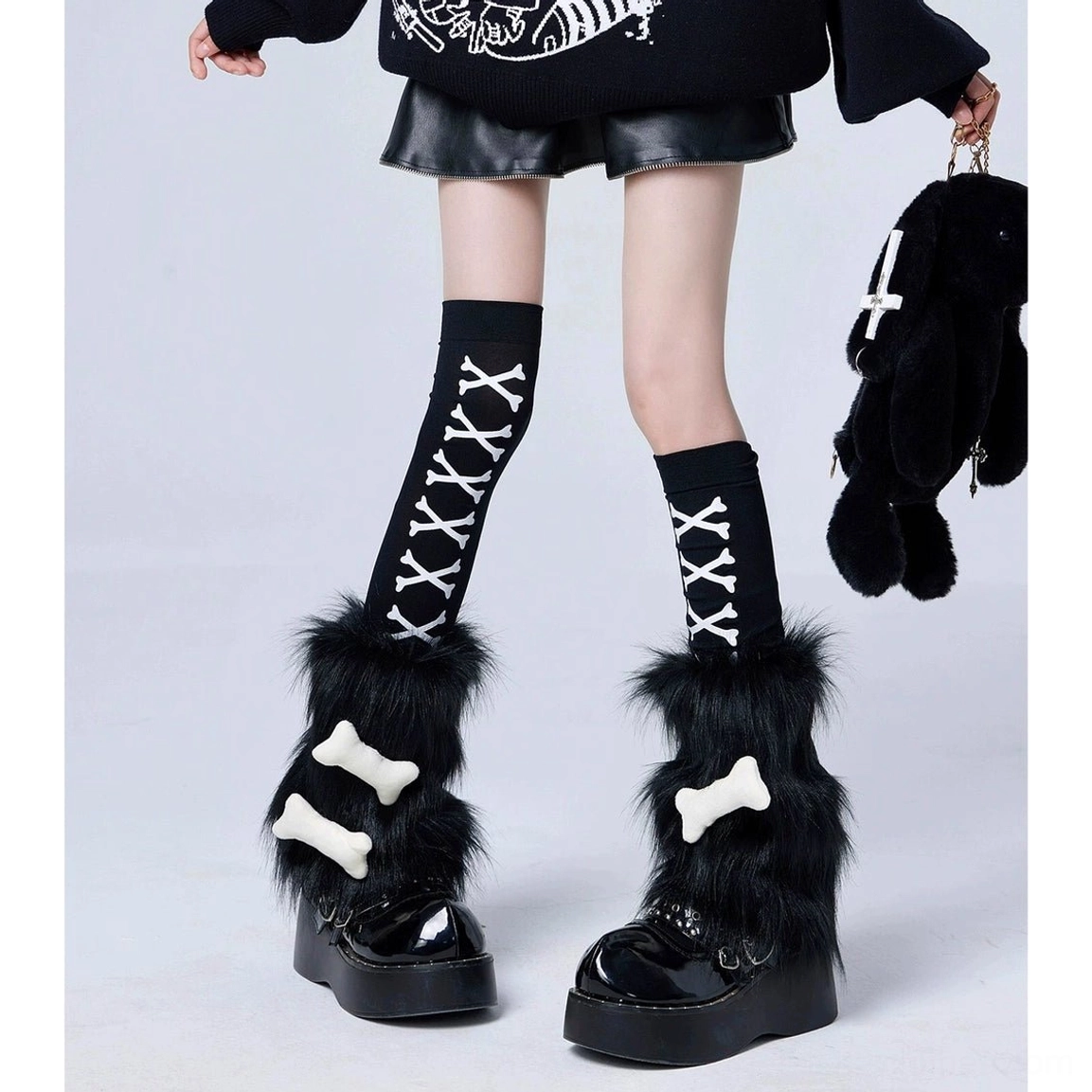 Bone thin print black socks with black plush leg warmers white bone accents skeletal gothic aesthetic Jirai Kei punk outfit