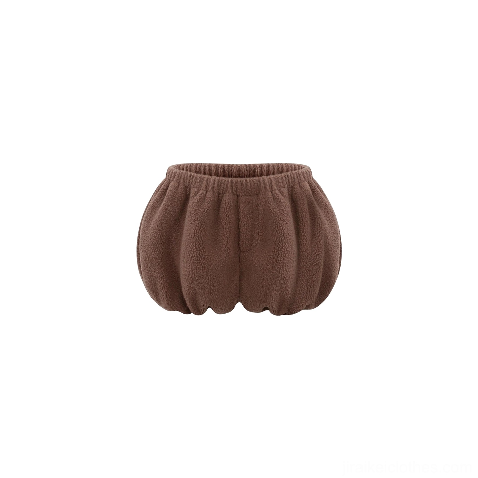 Brown elastic waist bubble shorts flat lay showing puffy pumpkin hem silhouette, ruched waistband, and soft fleece material typical of Jirai Kei cute girl fashion