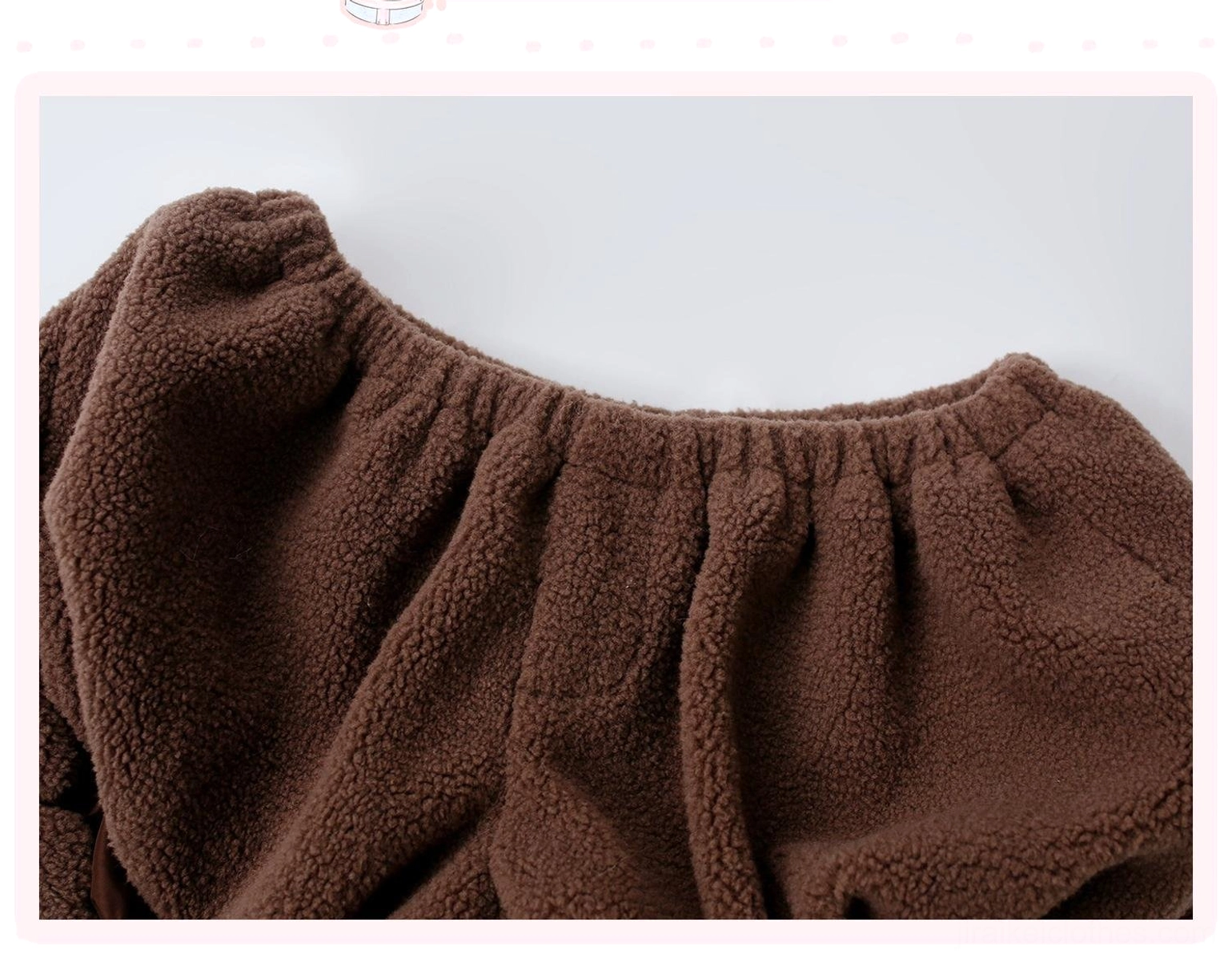 Close-up texture shot of fuzzy brown fleece material showing soft plush exterior quality, delicate lace trim on cuff and professional fabric construction for Jirai Kei fashion