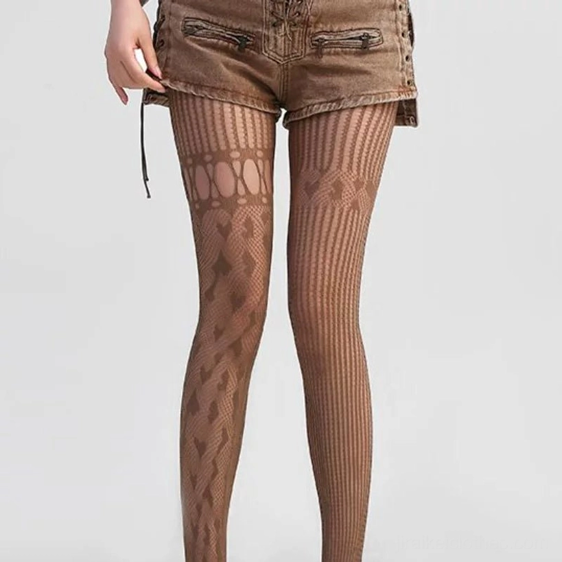 Brown hollow diamond mesh Jirai Kei tights with vertical texture pattern, worn as full leg view with denim shorts