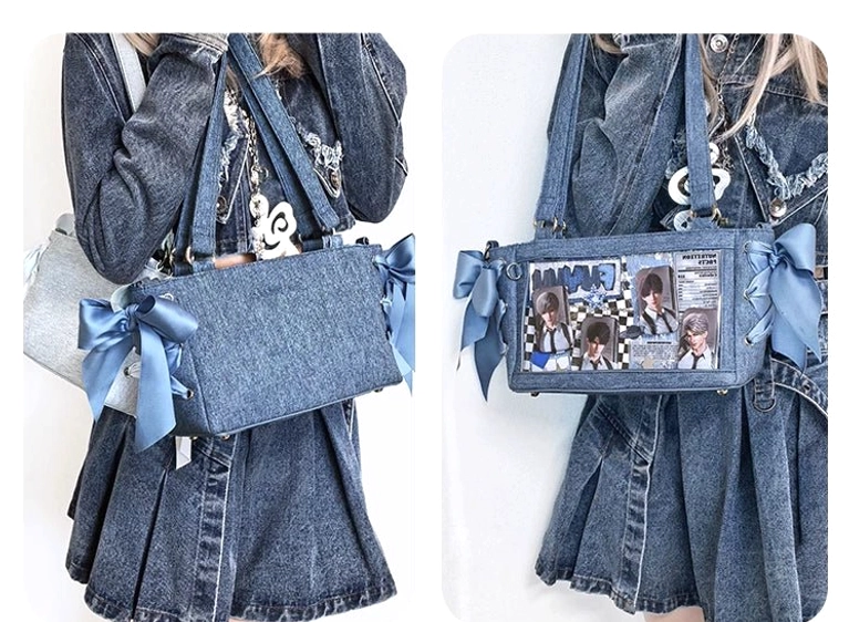 Brown leopard print style Jirai Kei ita bag with clear window display and badge arrangement demonstration