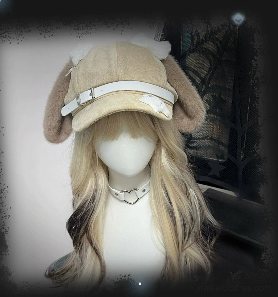 Brown puppy ear newsboy cap Jirai Kei kawaii hat polyester construction with leather accents