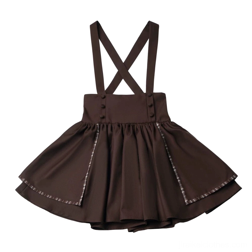 Brown suspender mini skirt flat lay featuring cross-back straps layered plaid trim hem high waist design jirai kei academia aesthetic