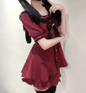 Burgundy and black Jirai Kei sailor dress set with integrated bunny ear collar, black trim details, striped sleeve edges, and ruffled hem showing front cropped view