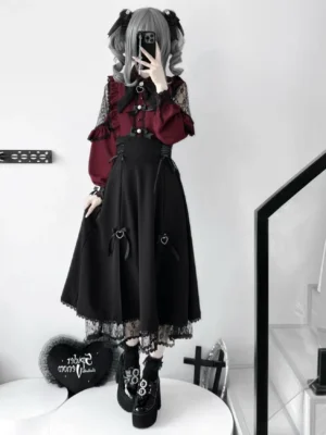 Burgundy lace-sleeve jirai kei blouse with black high-waist lace-up skirt full body side view grey curly twin hair model landmine girl aesthetic