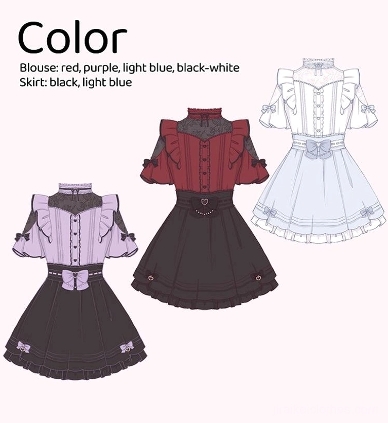 Burgundy jirai kei lace-shoulder blouse with black high-waist skirt set featuring rhinestone cross pendant, detachable bow details and ruffled hem trim