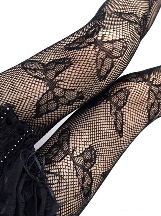 Close-up detail view butterfly fishnet pantyhose showing fine mesh texture 3D lace butterfly patterns black color Jirai Kei