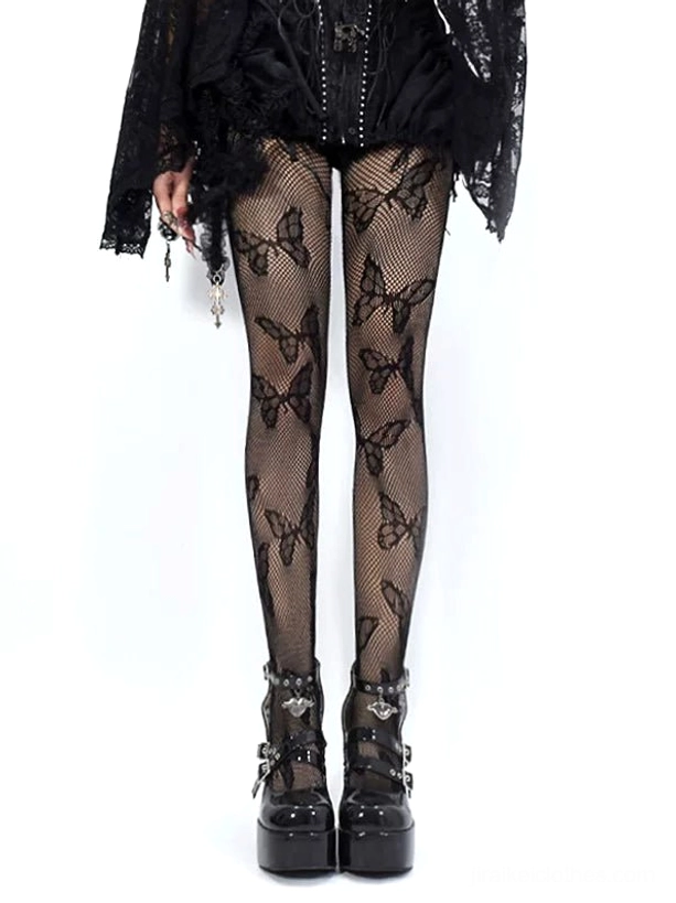 Black butterfly fishnet pantyhose front full length view with gothic studded skirt and platform buckle boots Jirai Kei outfit