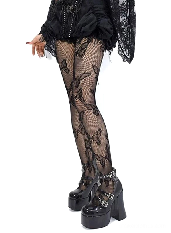 Butterfly mesh tights side full leg view fitted silhouette with lace gothic top short skirt buckle platform boots Jirai Kei fashion