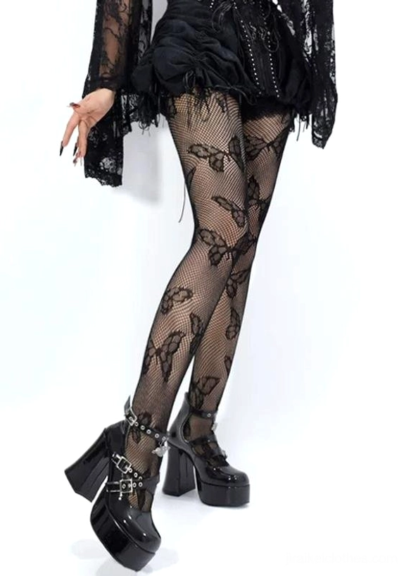 Butterfly mesh tights side rear view gothic subculture styling with lace top short skirt and buckle platform heels Jirai Kei look