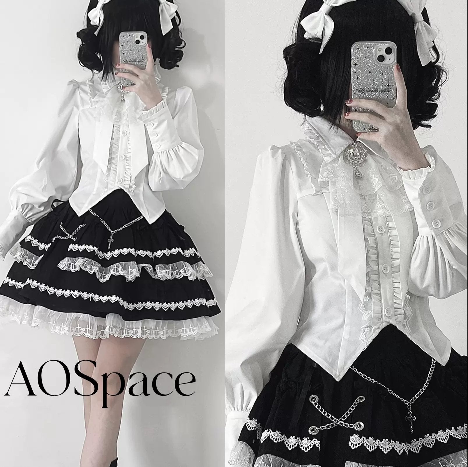 Black and white Jirai Kei Gothic Lolita outfit with choker necklace ornate brooch styling