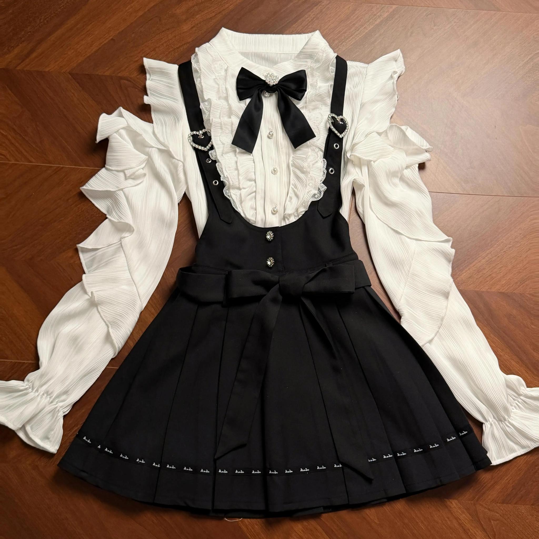 Jirai Kei black pleated suspender skirt single item adjustable straps side zipper detachable waist tie heart-shaped buckles
