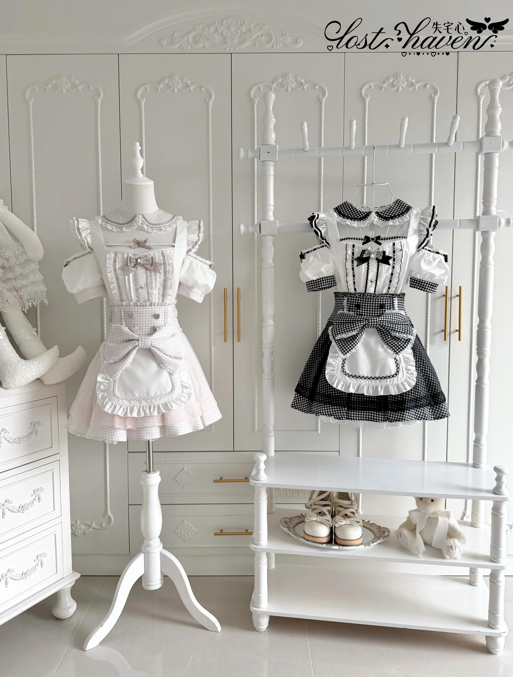 Wide-angle display view of two Jirai Kei maid outfit color options - pink-white and black-white gingham sets arranged in luxury closet space