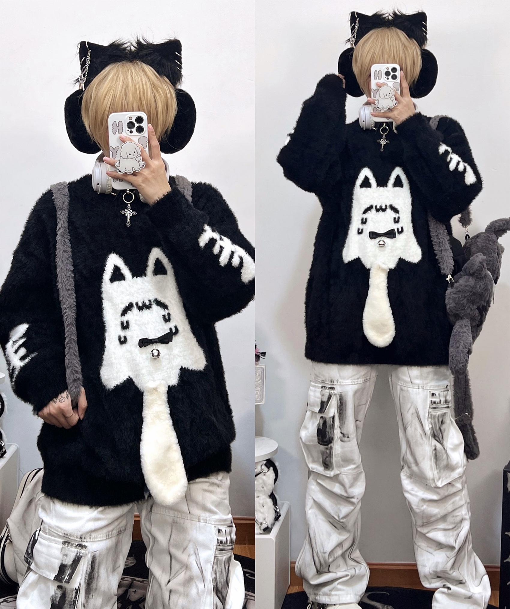 Half-body mirror selfie of Jirai Kei ghost cat sweater detail showing clear ghost cat embroidery print and cross necklace accessory, couple aesthetic styling