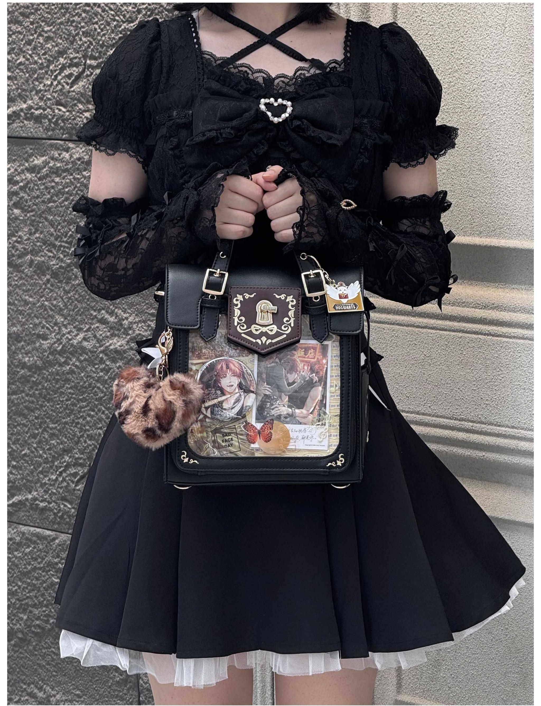 Vintage embroidered Jirai Kei ita bag with detachable mini badge charm accessory, matching pinning board for badge organization, and crossbody strap included items