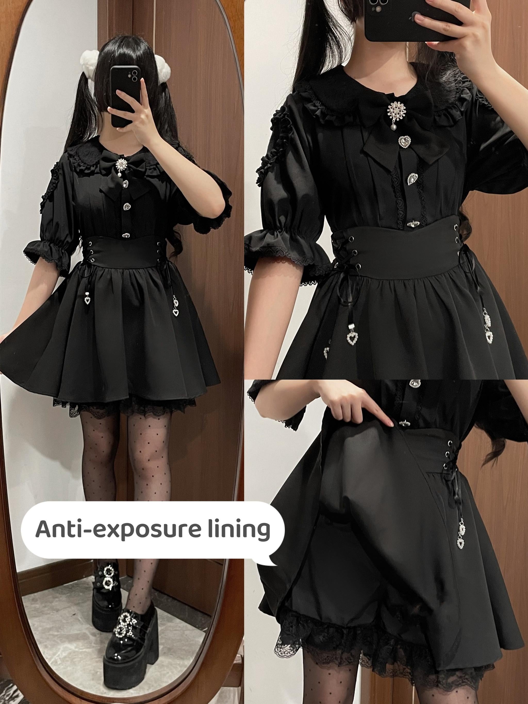 Black and red Jirai Kei blouse with heart-shaped buttons, pearl bow tie, peter pan collar with lace trim, and puffed sleeves close-up detail view - jirai kei fashion garment construction