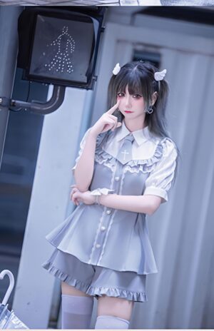 Jirai Kei Set Up Puff Sleeves Lace Placket Shirt Cross Tie