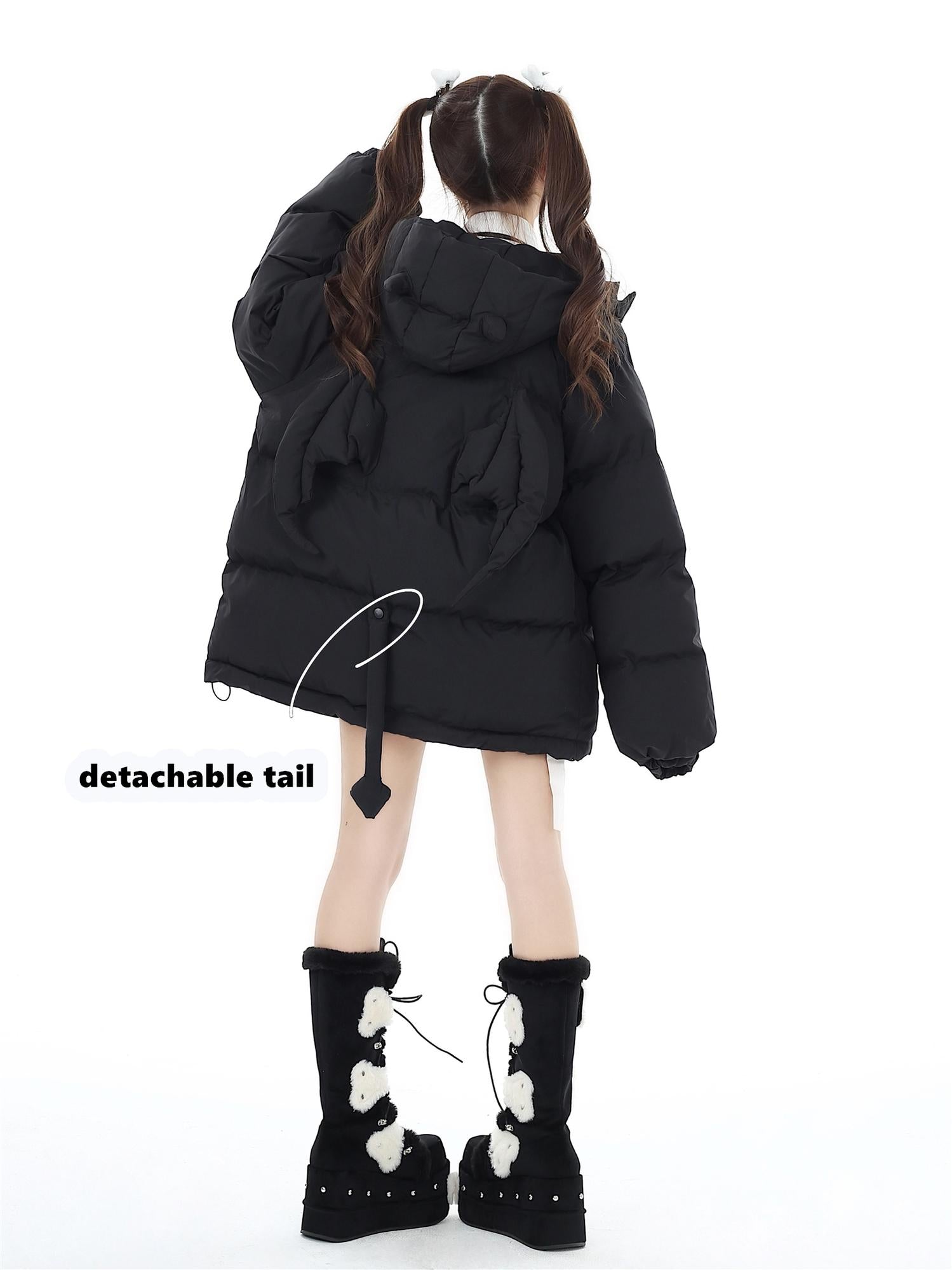 Black Jirai Kei puffer coat alternative fashion styling guide with platform shoes and gothic accessories ensemble ideas