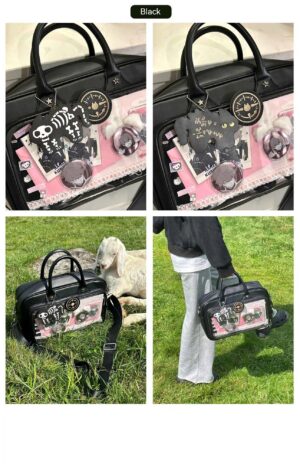 Black Jirai Kei ita bag with transparent anime badge display window, flat lay showing clear front panel and anime collectible decorations on studio backdrop