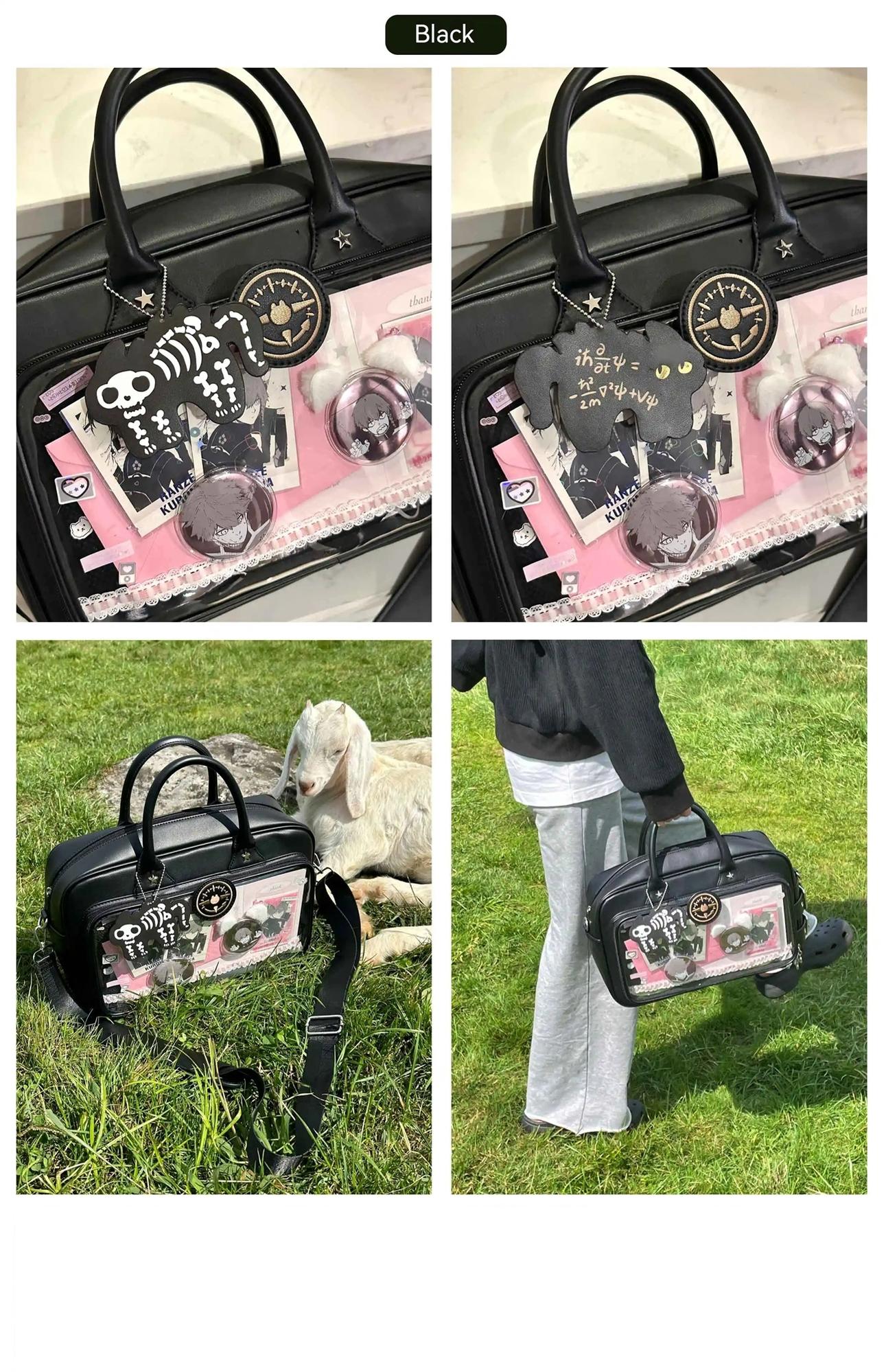 Black Jirai Kei ita bag with transparent anime badge display window, flat lay showing clear front panel and anime collectible decorations on studio backdrop