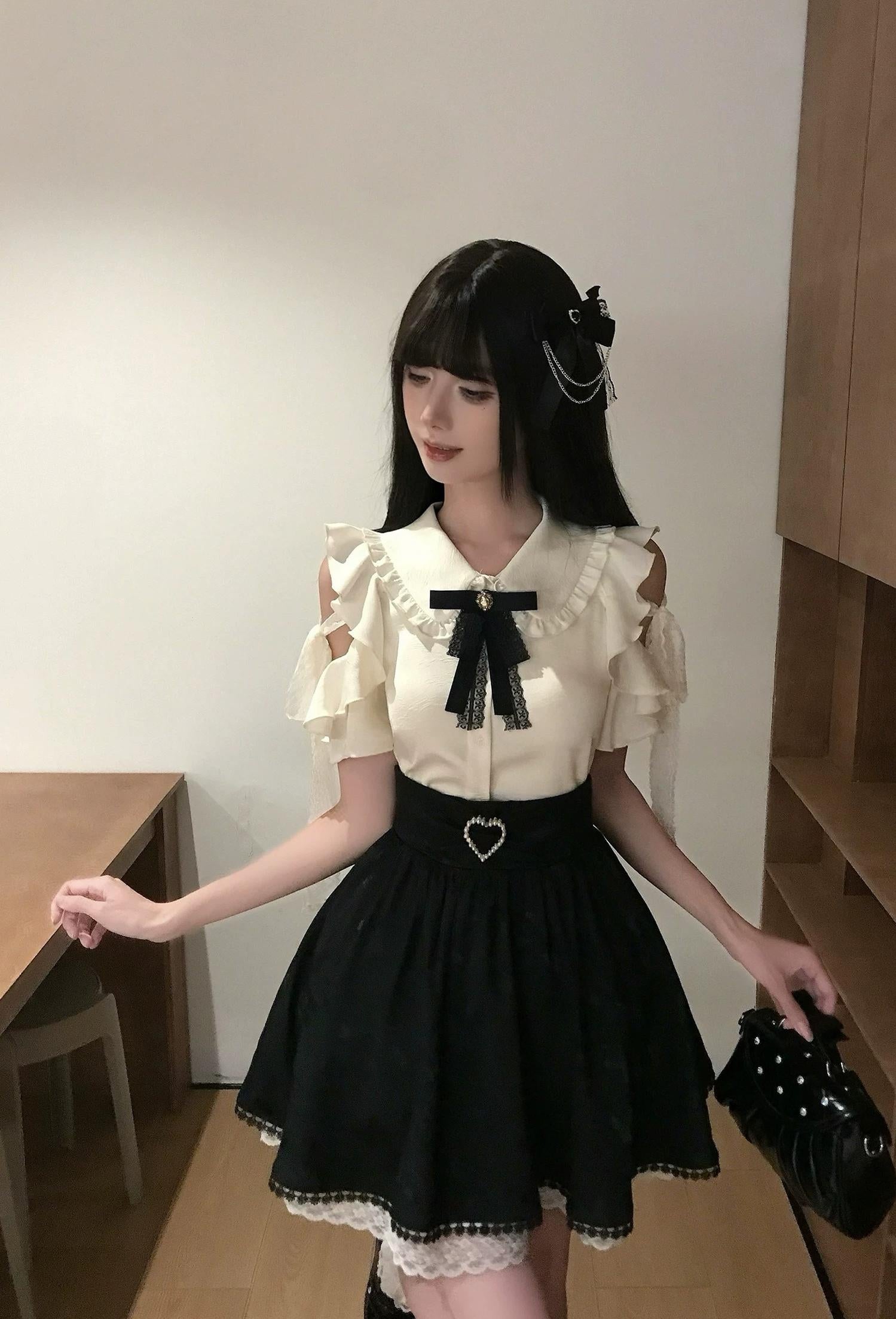 Seiso Kei cold-shoulder blouse butterfly jacquard reversible skirt two-piece ensemble styling alternative fashion set