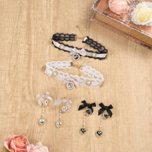 Jirai Kei choker necklace with matching bow earrings in multiple color variants displayed on wooden table with floral styling and heart rhinestone pendants