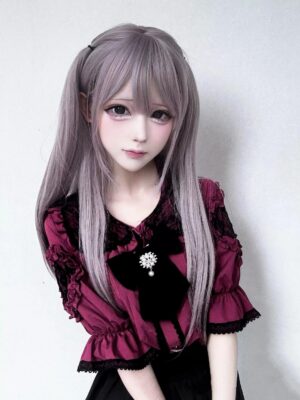 Maroon and black Jirai Kei blouse on anime-style model with purple twin tails, showcasing ruffled puff sleeves, velvet bow tie with crystal brooch, peter pan collar, and heart-shaped buttons - alternative fashion styling